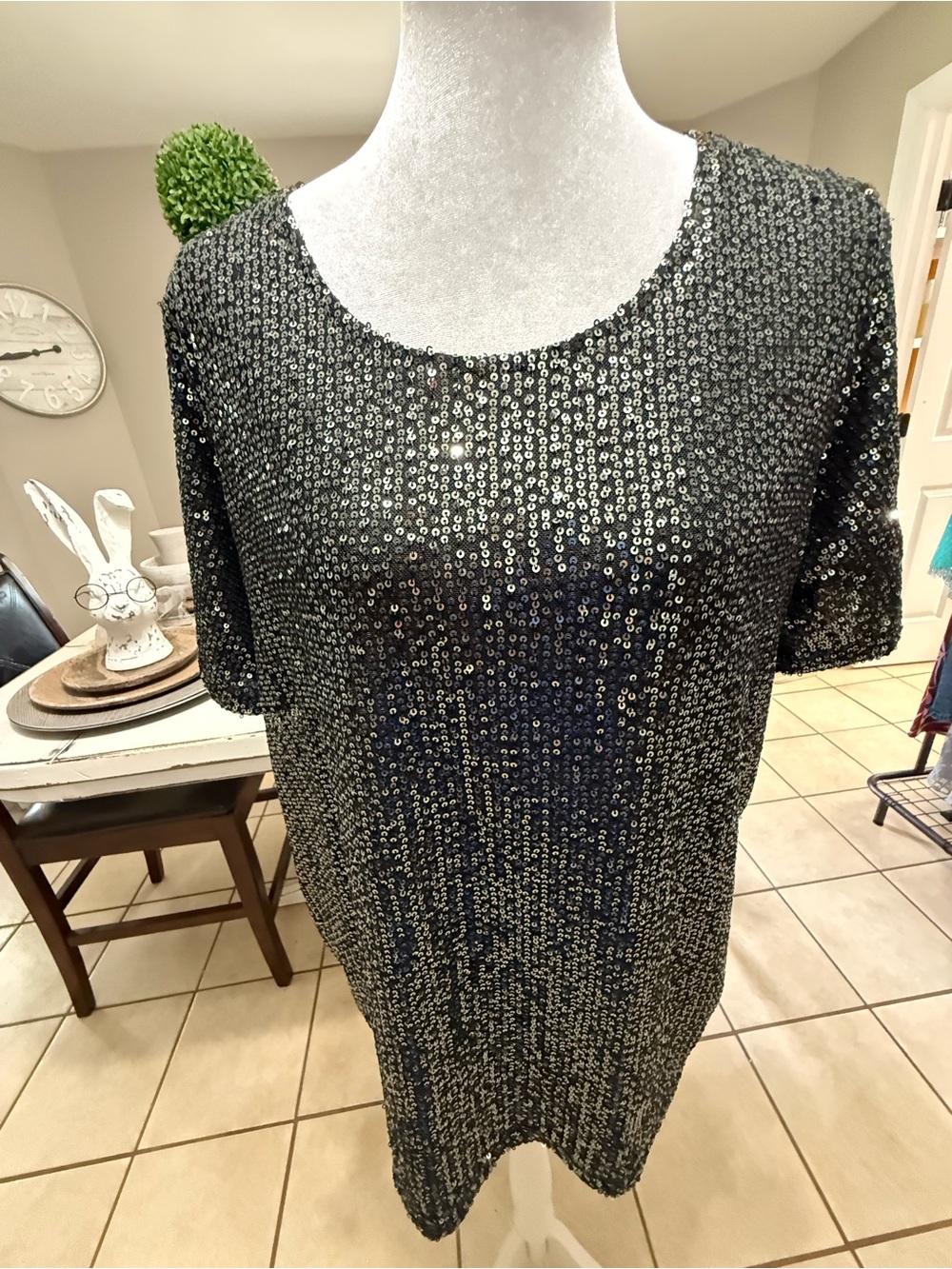Sequin Short Sleeve Blouse — Black - Picture 4 of 7